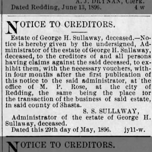 Legal ad, Notice to Creditors, Estate G. H. Sullaway