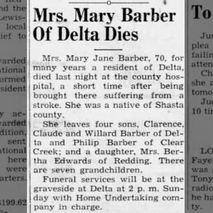 Obituary for Mary Jane Barber
